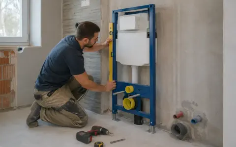 Instalator sprawdza pion przedścianki podtynkowej do WC.