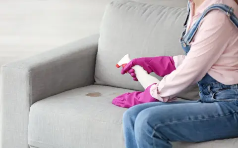 Rękawiczki i spray pomogą Ci dowiedzieć się, jak wyprać kanapę bez odkurzacza. Plama na tapicerce nie stanowi problemu.
