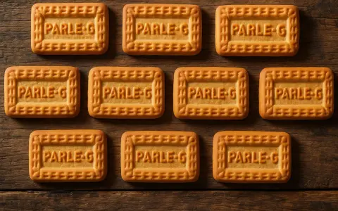 Dix biscuits Parle-G disposés en rangées sur un fond en bois. Une estimation de sujet en biscuit ancien.
