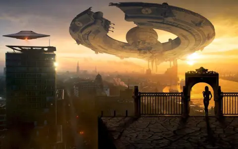 Un'imponente nave madre sci fi incombe su una città al tramonto, mentre un UFO più piccolo sorvola un grattacielo. Una figura silhouette osserva la scena da un balcone.