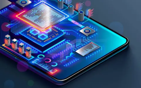 Abstrakte Darstellung eines Smartphone-Prozessors mit leuchtenden Schaltkreisen und Komponenten.