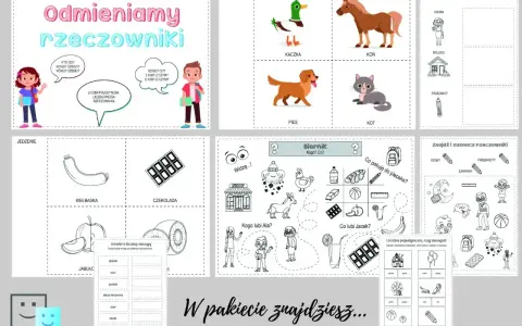 Zestaw ćwiczeń do nauki odmiany rzeczowników. Dzieci ćwiczyły **czas przeszły** na przykładach zwierząt, jedzenia i przedmiotów.