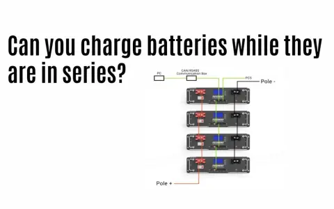 Schema zeigt vier Batteriemodule, die in serie geschaltet sind, verbunden mit einer Kommunikationsbox und einem PC.