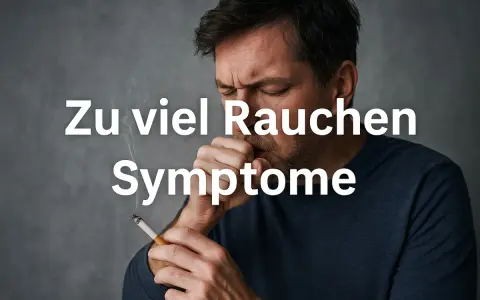 Mann hustet mit Zigarette in der Hand. Text: Zu viel Rauchen Symptome.