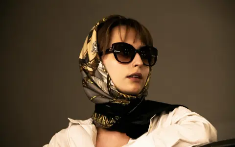 Donna con occhiali da sole e un elegante outfit con foulard annodato al collo, che incornicia il viso.