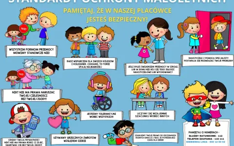 Plakat o standardach ochrony małoletnich: dzieci uczą się o bezpieczeństwie, tolerancji i szacunku. Nikt nie ma prawa naruszać ich prywatności ani cielesności bez zgody.