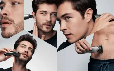 Hombres usando recortadora para barba, orejas y cuerpo. Descubre cada cuanto afeitarse para un look impecable.