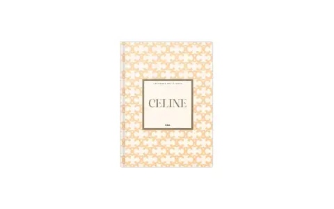 Copertina di un libro sul marchio Celine, con un motivo a "C" intrecciate e il nome del brand in evidenza.