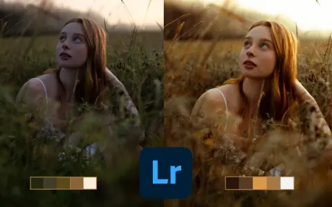 Jeune femme rousse dans l'herbe, avant et après retouche ia lightroom. Palette de couleurs chaudes et douces.