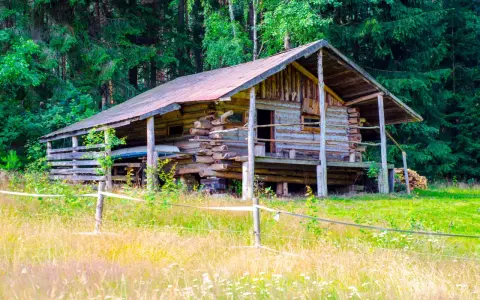 Drewniany bieszczady domek na odludziu, otoczony lasem i łąką. Wygląda jak miejsce na spokojny wypoczynek z dala od cywilizacji.