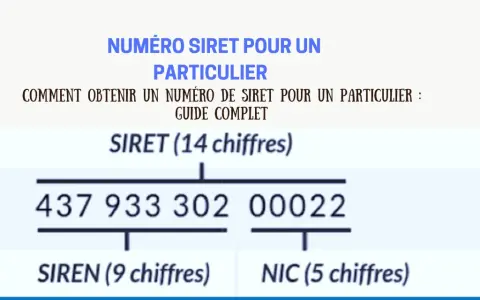 Explication du numéro SIRET pour un particulier. Un exemple de numéro SIRET (14 chiffres) est montré, divisé en SIREN (9 chiffres) et NIC (5 chiffres).