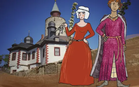 Eine Frau mit Schlüsselbund und ein Mann in mittelalterlicher Kleidung vor einer Burg.