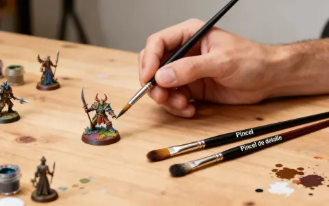Mano pintando miniaturas con diferentes tipos de pinceles. Se aprecian pinceles para detalles y generales.