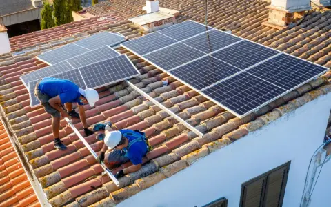 Dos técnicos instalan placas solares en un tejado. Aprendiendo como instalar placas solares para un futuro energético.
