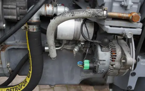Fragment pompy hydraulicznej Ursus C-360 z przewodami i alternatorem.
