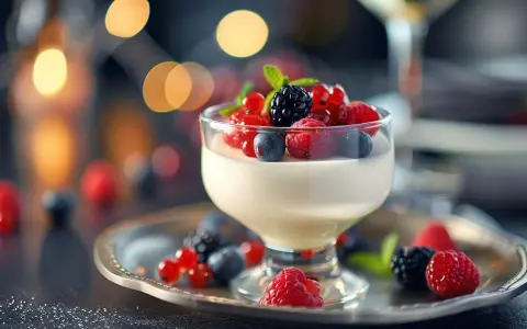 Délicieuse panna cotta crémeuse garnie de fruits rouges frais et d'une feuille de menthe, sur un plateau argenté.