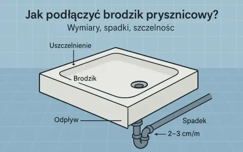 Ilustracja pokazuje podłączenie brodzika do odpływu, z zaznaczonym spadkiem 2-3 cm/m dla prawidłowego odprowadzania wody.