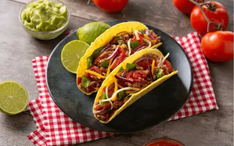 Dwa pyszne tacos z wołowiną, pomidorami, cebulą i serem, podane z limonką i guacamole.