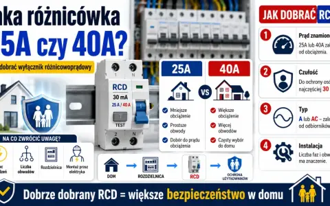 Porównanie wyłączników różnicowoprądowych 25A i 40A. Wybór odpowiedniego RCD do pompy ciepła zależy od obciążenia i liczby obwodów.