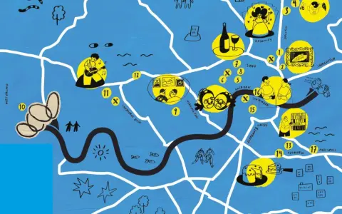 Map highlighting gay friendly places to live in London, with icons representing music, art, food, and community.