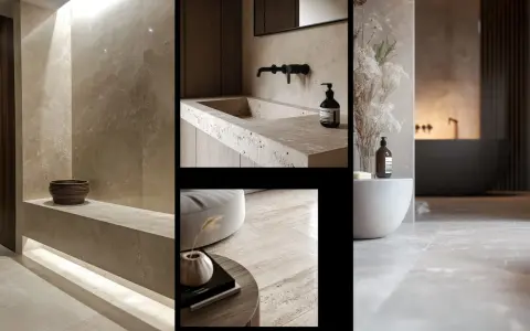 Bagno in travertino moderno con lavabo integrato, rubinetteria nera e dettagli in legno. L'ambiente è elegante e rilassante.