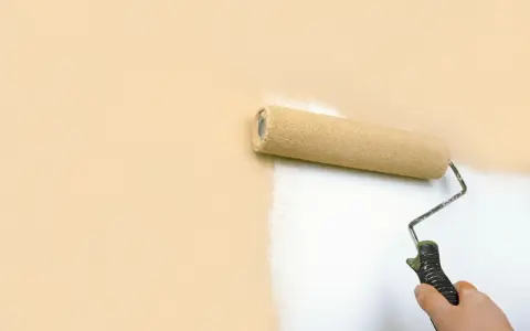 Rodillo pintando una pared de color melocotón con pintura blanca, buscando la mejor pintura antiruido para un hogar tranquilo.