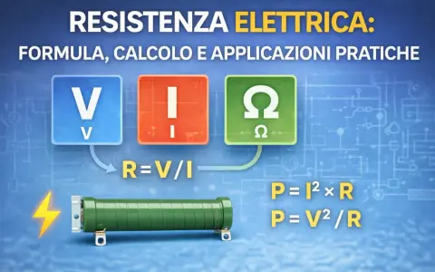 La **resistenza fisica formula** è spiegata con simboli V, I, Ω e formule R=V/I, P=I²×R, P=V²/R.