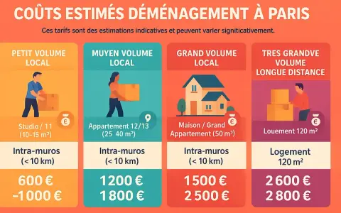 Estimation des coûts d'un déménagement à Paris : petit volume local (600-1000€), moyen volume (1200-1800€), grand volume (1500-2500€), très grand volume longue distance (2600-2800€).