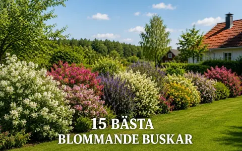 En vacker trädgård med en rad av blommande buskar i olika färger, från vitt och rosa till lila och gult.