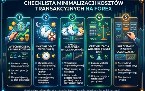Checklista minimalizacji kosztów transakcyjnych na Forex: wybór brokera, unikanie opłat swap, handel w godzinach płynności, optymalizacja lotów, zlecenia oczekujące. Punkty swapowe XTB są kluczowe.