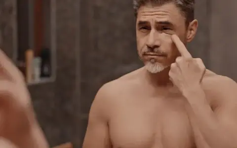 Mężczyzna z siwiejącą brodą ogląda w lustrze swoje zmarszczki pod oczami, zastanawiając się nad pielęgnacją.