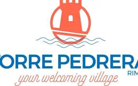 Logo di Torre Pedrera, con una torre stilizzata sopra il mare. Sotto, il nome "TORRE PEDRERA" e la scritta "your welcoming village Rimini".