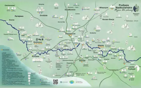 Mapa turystyczna Podlasie Nadbużańskie z zaznaczonymi atrakcjami, trasami i miejscowościami.