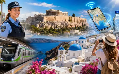 Eine Polizistin lächelt vor der Akropolis. Ein Zug fährt ein, während eine Frau auf Santorini fotografiert. Das Bahnnetz Griechenlands ist verbunden.
