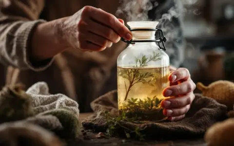Préparation d'une bouillotte maison avec des herbes infusées dans un bocal en verre fumant.