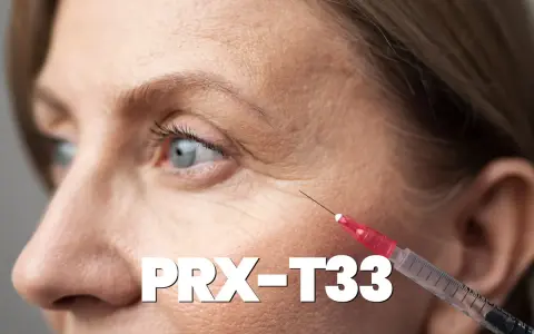 Primo piano del viso di una donna con rughe sottili, con una siringa che si avvicina alla pelle. Il testo "PRX-T33" è sovrapposto.