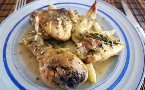 Delicioso pollo al ajillo servido en un plato azul y blanco, con trozos de pollo jugosos y dorados bañados en una salsa aromática con hierbas y ajo.