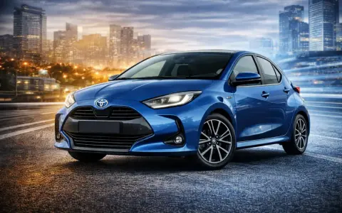 Niebieski Toyota Yaris Hybrid na tle miasta nocą. Sprawdź atrakcyjną toyota yaris hybrid cena.
