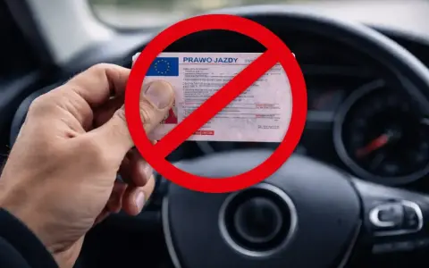 Zakaz prowadzenia pojazdów mechanicznych na 3 lata. Co dalej? Ręka trzyma prawo jazdy pod czerwonym znakiem zakazu, na tle kierownicy samochodu.