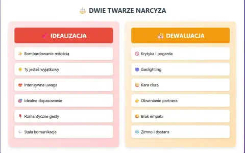 Dwie twarze narcyza: idealizacja (bombardowanie miłością, uwaga) i dewaluacja (krytyka, gaslighting, brak empatii).