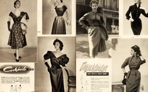 Mode in den 50er Jahren: elegante Kleider, von Abendmode bis Tageskleidern, mit Hüten und Handschuhen.