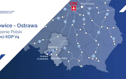Mapa przedstawia połączenie kolejowe Katowice - Ostrawa, włączając Polskę do sieci KDP V4.
