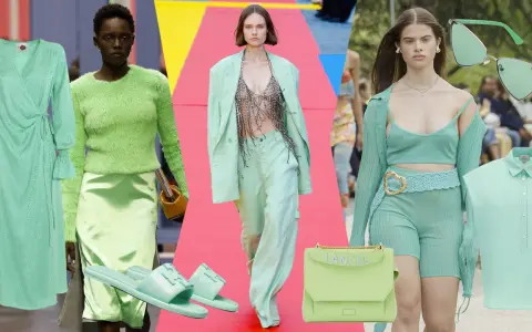 Moda in verde menta: abiti, maglioni, pantaloni, borse e occhiali da sole.