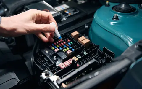 Mano insertando un fusible en la caja de fusibles del coche.