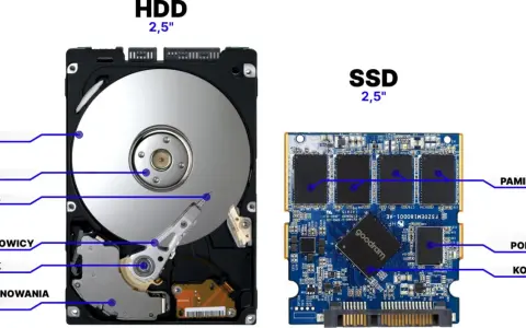 Porównanie dysku HDD i SSD. Widoczne są dyski, napęd, głowice, ramię głowicy, siłownik, układ pozycjonowania głowicy, pamięć flash, pamięć podręczna i kontroler.
