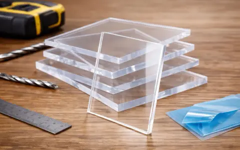 Stack of clear acrylic sheets, showcasing their plexiglass strength. Tools like a tape measure, drill bits, and ruler suggest a project in progress.