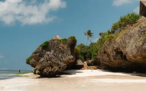 Plaża na Zanzibarze w maju. Skaliste klify, tropikalna roślinność i chatka z trawy. W oddali widać samotną postać.