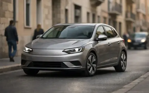 Un'auto grigia moderna, in linea con l'art 140 cds, sfreccia su una strada urbana. Persone sfocate camminano sul marciapiede.