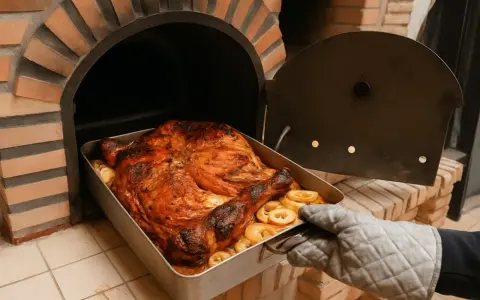 Pollo dorado y jugoso, listo para ser servido, recién sacado de los asados en horno de leña.