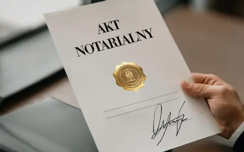 Dłoń trzyma dokument "Akt Notarialny" z pieczęcią i podpisem.